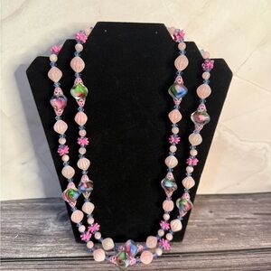 Vintage Blue Art Glass Necklace Pink Enamel Flowers